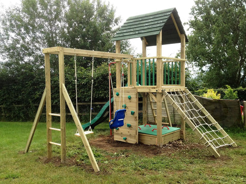 Paracord 550 Nylon Rope For Camping And Hiking used on a wooden playset with swings and climbing features in a garden