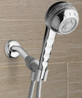 Massage Shower Head With Handheld Spray And 5 Foot Hose mounted on a wall, chrome finish, showcasing 4 modes of massaging sprays.