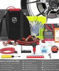 Roadside Ready 12-Foot Heavy Duty Jumper Cables And 378-Piece Car First Aid Kit with glow sticks and tools on a display.