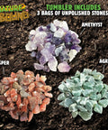 Starter Rock Tumbler Kit For Kids With Fast Polish Includes Rough Gemstones Polishing Grit Jewelry Findings And Kid Friendly Easy Instructions A STEM Science Kit For Young Geologists Ages 8 Plus featuring unpolished amethyst, agates, and jasper stones.
