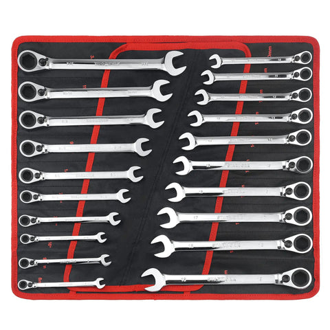 Reversible 20-Piece Ratcheting Wrench Set With Long Pattern, 6-Point Non-Slip Wrenches in SAE and Metric Sizes on display mat