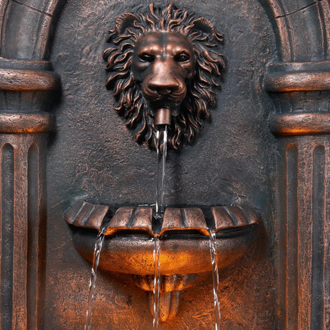 Lion Head Stone Wall Mounted Outdoor Water Fountain With LED Light 32 Inch Antique Bronze Durable Lightweight Resin