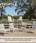 White outdoor chairs on a patio with trees in the background, showcasing versatile fit for dining, leisure, or relaxation.