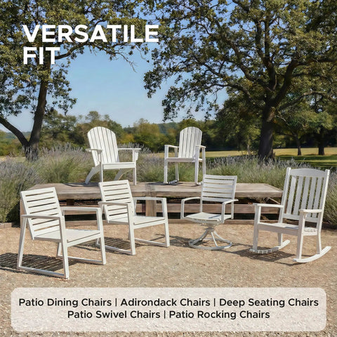 White outdoor chairs on a patio with trees in the background, showcasing versatile fit for dining, leisure, or relaxation.