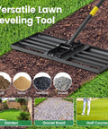Heavy Duty Lawn Leveling Rake With 30 By 10 Inch Plate Anti Flip Edge Adjustable Five Foot Handle on grass and soil