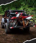 Anti-Tilt Motorcycle Hitch Carrier With 73 Inch Ramp And 47 Inch Dirt Bike Loading Ramp For Fat Tire E-Bikes Fits 2 Inch Receivers Weatherproof Heavy Duty Steel installed on SUV with dirt bike