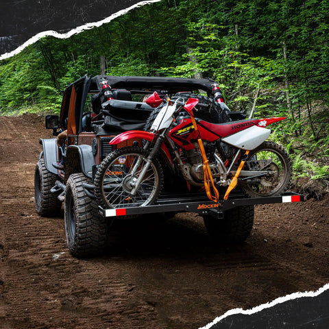 Anti-Tilt Motorcycle Hitch Carrier With 73 Inch Ramp And 47 Inch Dirt Bike Loading Ramp For Fat Tire E-Bikes Fits 2 Inch Receivers Weatherproof Heavy Duty Steel installed on SUV with dirt bike