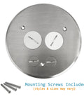 Heavy Duty Screw Cap Floor Outlet Cover With Twist Lock Flip Up Flange And 20 Amp Duplex Receptacle Premium Nickel Plated Brass Finish Front View with Mounting Screws.