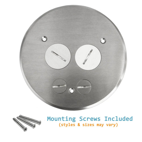 Heavy Duty Screw Cap Floor Outlet Cover With Twist Lock Flip Up Flange And 20 Amp Duplex Receptacle Premium Nickel Plated Brass Finish Front View with Mounting Screws.