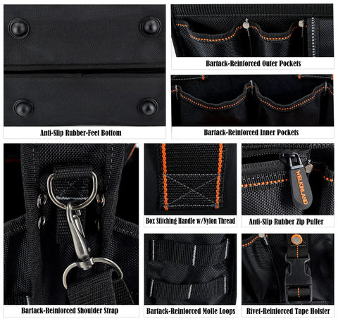 Heavy Duty 19 Pocket Tool Tote For HVAC Technicians And Electricians, rugged organizer details showing MOLLE loops, handles, and zippers.
