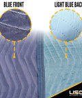 Close-up of Moving Blankets Mega Mover 80 Inch By 72 Inch Pro Quilted Large Furniture Pads showing blue front and light blue back details.
