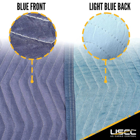 Close-up of Moving Blankets Mega Mover 80 Inch By 72 Inch Pro Quilted Large Furniture Pads showing blue front and light blue back details.