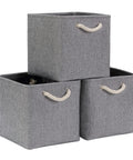 Hella Roomy Gray Fabric Cube Storage Boxes With Quick Fold Down Design For Closets And Shelving Units stacked three cubes with handles.
