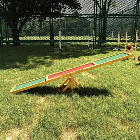 71 Inch Wooden Dog Agility Seesaw Teeter For Backyard Training on grass, weather-resistant fir wood with non-slip surface.