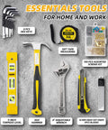 146 Piece Homeowner Tool Set With 14 Inch Wide Mouth Open Storage Tool Bag, includes hammer, wrench, knife, and tape measure.