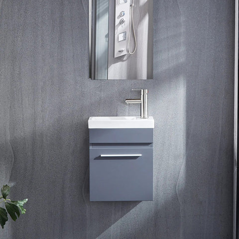 16 Inch Bathroom Vanity With Sink, white ceramic vessel, wall mounted storage cabinet, modern gray MDF vanity for small bathrooms