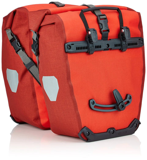 Trail Ready Rear Rack Pannier Duo Set 20 Liter Waterproof Roll Top Cordura With Reflective Trim in Signal Red and Dark Chili