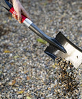 Compact Mini D Handle Square Head Shovel with Soft Grip lifting and moving gravel, heat treated steel head, red and black finish