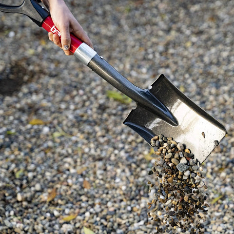 Compact Mini D Handle Square Head Shovel with Soft Grip lifting and moving gravel, heat treated steel head, red and black finish