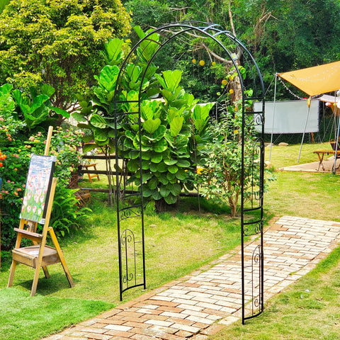 Heavy Duty Rustproof Iron Garden Arbor Wedding Arch, 95.3 Inch High By 45 Inch Wide, set on a garden pathway