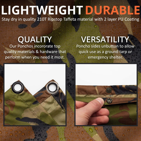 Close-up of Ultra Lightweight Ripstop Nylon Rain Poncho with adjustable hood, camouflage pattern, showing grommet detail.