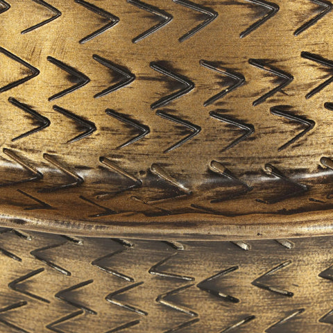 Close-up of texture on Caine Aluminum Planters In Aged Brass For Indoor Plants, handcrafted with vintage vibe zigzag pattern.