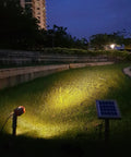 Twin Solar Spotlight Set With Warm White 3000K LED Waterproof Outdoor Garden Yard Pathway Lights illuminating grass at dusk
