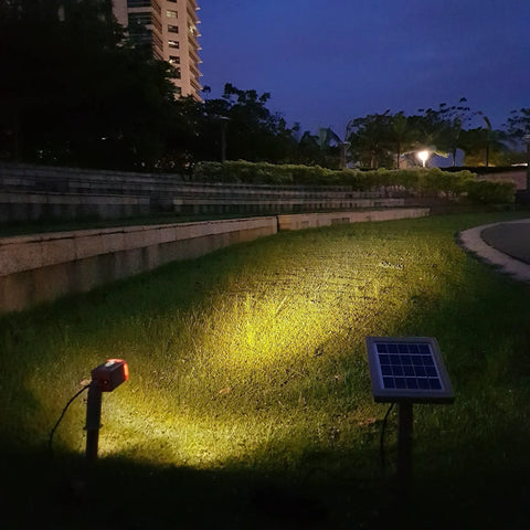 Twin Solar Spotlight Set With Warm White 3000K LED Waterproof Outdoor Garden Yard Pathway Lights illuminating grass at dusk