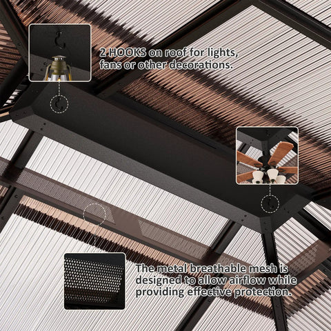 Detailed view of 10x12 Ft Hardtop Gazebo With Aluminum Frame And Polycarbonate Roof showing interior hooks and breathable mesh