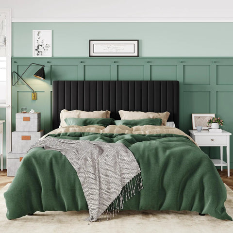 Queen Size Bed Frame With Plush Velvet Upholstery And Channel Tufted Headboard Boasting Solid Wooden Slats For No Sweat Mattress Support Big Time Comfort in green bedroom setup.