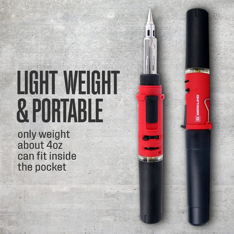 3 In 1 Butane Soldering Iron Kit With Self Ignition Portable Cordless Torch And Heat Gun shown with two tools on concrete background.