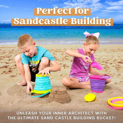Kids playing with 3 Pack Foldable Beach Buckets With Shovels And Mesh Backpack For Kids And Toddlers on sandy beach