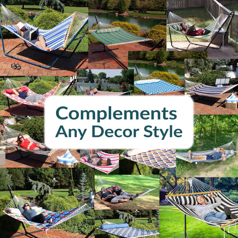 Various Quilted Double Outdoor Hammocks 74x55 Inch with spreader bars and people relaxing in gardens and patios