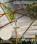 Outdoor patio with high-quality fabric curtains providing 50% shade, bamboo frame, and a small inset showing fabric texture details.