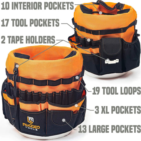 64 Pocket Bucket Tool Organizer Caddy For 5 Gallon Buckets With Beefy 600D Canvas Liner Insert Built For Construction