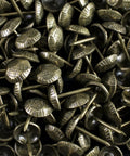 Top Shelf Antique Brass Upholstery Tacks, Hammered Furniture Nails For Couch Repair, 7 16 Inch, 100 Piece Bulk Box, No Fuss Diy Fix, Heavy Duty Hardware, Smooth As Silk stacked together, highlighting their brass finish.