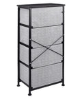 Fabric Four Drawer Storage Organizer Unit For Bedroom Closet with steel frame and black laminated wood top, side angle view.