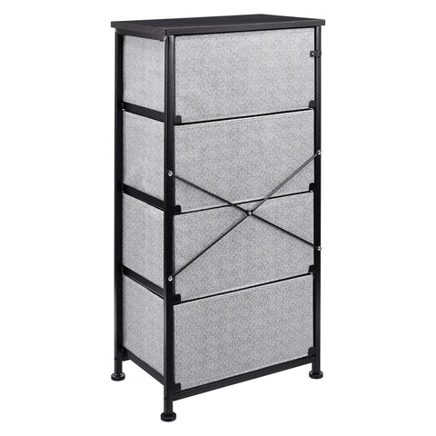 Fabric Four Drawer Storage Organizer Unit For Bedroom Closet with steel frame and black laminated wood top, side angle view.