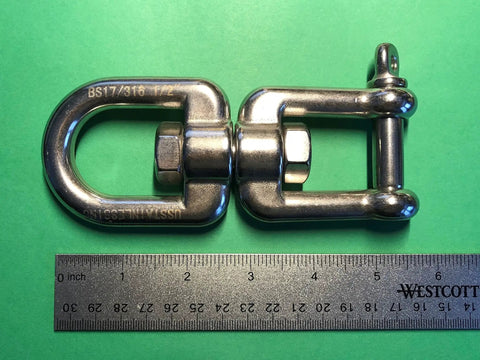 Marine Grade Stainless Steel 316 Anchor Swivel Featuring Heavy Duty Eye And Jaw One Half Inch Thick shown with ruler for size