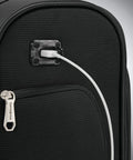 Close-up of Solyte DLX Softside Underseat Luggage With Smart Sleeve, showing side USB port and zipper, Midnight Black.