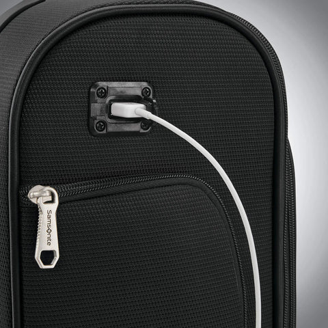 Close-up of Solyte DLX Softside Underseat Luggage With Smart Sleeve, showing side USB port and zipper, Midnight Black.