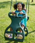 Child riding Dual Ride Glider Back-To-Back Tandem Swing For Kids with green plastic coated chains in park