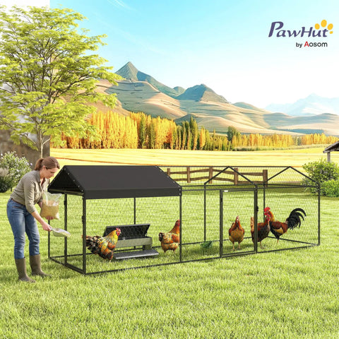 Large Outdoor Metal Chicken Coop Run With Weatherproof Anti UV Cover 10 Ft Long By 3.3 Ft Wide By 3.3 Ft High Roomy Cage in farm setting