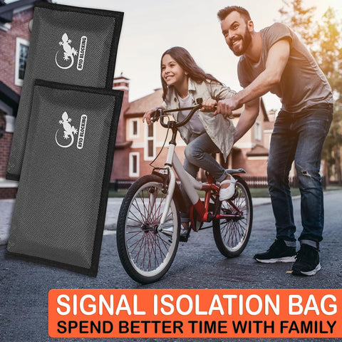 All Signal Shielding Phone And Card Pouch With RFID Blocking And GPS Blocker Dark Gray in lifestyle setting with family biking