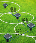 Diagram with Solar Mole Repellent Ultrasonic 4 Pack for Lawn Garden Yard Home Humane Pest Deterrent spaced 96 ft apart on grass