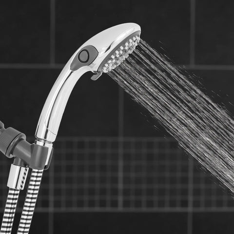 Handheld Shower Head With Eco Flow Low Flow 1.6 GPM Four Spray Modes DIY Easy Install Adjustable Bracket Chrome Finish Saves Water And Cash Bath Fixture Model VBE453 spraying water