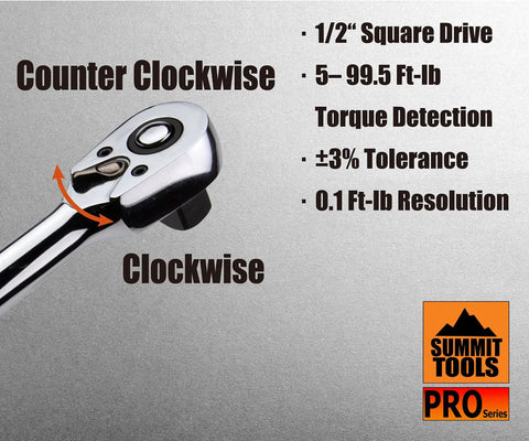 Half Inch Drive Digital Torque Wrench With Five To Ninety Nine Point Five Foot Pounds Range And Six Point Eight To One Hundred Thirty Five Newton Meters Led Indicator And Buzzer for clockwise and counter-clockwise use