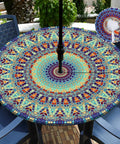 Outdoor Round Tablecloth With Umbrella Hole Waterproof Elastic Fitted Zippered No Fuss Cleanup Cover For 40 To 44 Inch Patio Tables Reusable Garden Picnic Protector