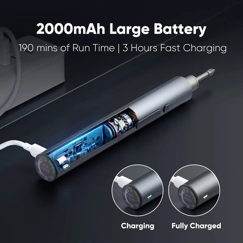 Cordless Screwdriver Set With 32 Magnetic Bits And 4 LED Lights, 2000mAh Rechargeable Battery shown charging