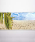 Backlit Film Insert For 2x4 Fluorescent Ceiling Lights, Easy Install Light Cover showing sandy beach and palm fronds